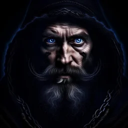 a 200 year old seer inspired by vikings tv show, wise blue eyes, hyperrealisim, messy beard, many details, wearing black torn hooded cloak,