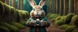 High-end hyperrealism epic cute fluffy rabbit hero holding a DSLR Camera, Steampunk-inspired cinematic photography, symmetry forest alley background, Aesthetic combination of metallic sage green and titanium blue, Vintage style with brown pure leather accents, Art Nouveau visuals with Octane Render 3D tech, Ultra-High-Definition (UHD) cinematic character rendering, Detailed close-ups capturing intricate beauty, Aim for hyper-detailed 8K