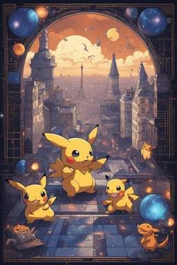 Pokemon city with Pikachu and Charmander, Paris Lisbon mashup city in cyberpunk style, portuguese tiles, azulejo, dark mode, celestial galaxy