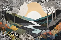 abstract paper collage overlayed with Zentangle patterns that depict the vastly diverse landscape of Nature, highly detailed, with fine ink outlining