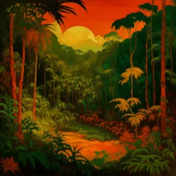 A dark orange colored rainforest with a coliseum painted by Vincent van Gogh