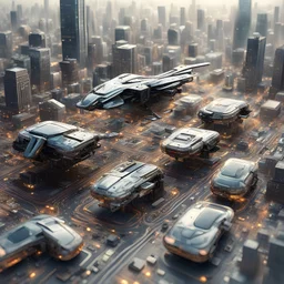 small flying Vehicles in traffic ,Landscape of city made of circuit board computer chips and wires, realistic high detail,