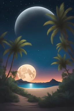 Bright night with full moon and stars, leafy desert island vegetation, lonely and silent