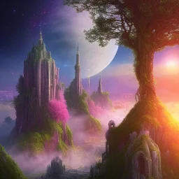 Create a fantasy world landscape. It should be like a starry sky and paradise with the city that has a wall around the city. Hopefully, we can incorporate trees, grass, and mountains.