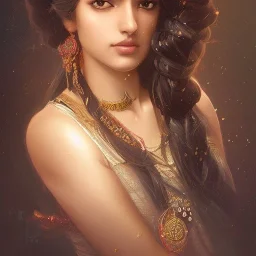  Indian princess , cute, beautiful, long hair, head and shoulders portrait, cinematic, 8k, resolution concept art portrait by Greg Rutkowski, Artgerm, WLOP, Alphonse Mucha dynamic lighting hyperdetailed intricately detailed