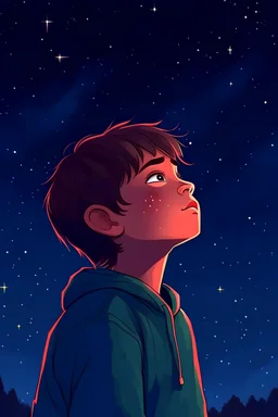 illustration art of A boy staring at a starry sky at night stargazing, hopeful.