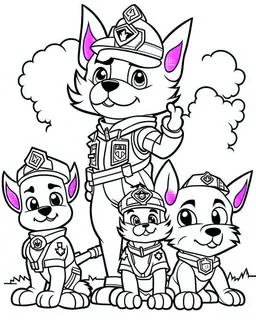 outline art for Paw Patrol Friends coloring page, Japanese manga style, cartoon style, cute face, white background sketch style, full body is a must, only use outline, clean line art, no shadow, bold outline