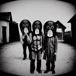 Creepy photo, folk town strange masks, alien