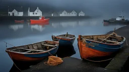 Fishermen’s boats anchored around a Scottish harbour near a fishing village, fishermen putting fishing nets on their boats, mist covering the distance, the moment the sun rises, beautiful romantic photograph, excellent composition, atmospheric, realistic