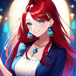 girl, masterpiece, best quality, cinematic lighting, detailed outfit, perfect eyes, long hair, red hair, blue eyes, beautiful lighting, vibrant colors, hairclip, earrings, necklace, smile,