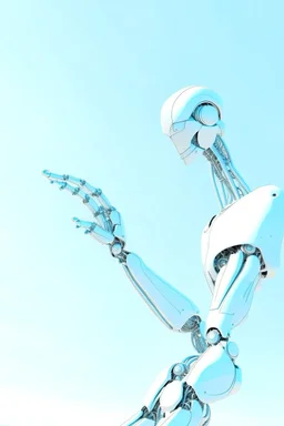 Draw robot arm with slender flexible structure and flexible joint. The three-dimensional structure in the figure needs to be filled with color, and the background uses the light blue sky composition.