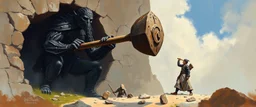 catapult on a stick, oil and airbrush, epic fantasy illustration, black giant throwing stone sculpture into wall