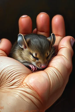 Bosch paint style in oil painting style of a mouse peacefully sleeping in a open hand , The mouse’s fur harmonizes with the scene, that blend with the warmth of the hands , contrasting with natural hands skin