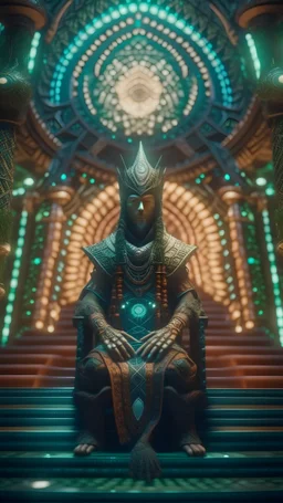 close up portrait of a happy blessed ancient magical king cyber punk soldier standing on a throne in a space alien mega structure with stairs and bridges woven into a sacred geometry knitted tapestry in the middle of lush magic forest, bokeh like f/0.8, tilt-shift lens 8k, high detail, smooth render, down-light, unreal engine, prize winning