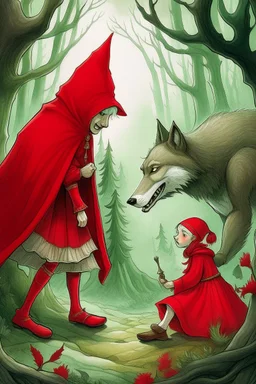 Tomando de base el cuento clasico "Caperucita Roja" crea una imagen de la la escena de la joven caperucita roja con el lobo feroz disfrazado de abuelita