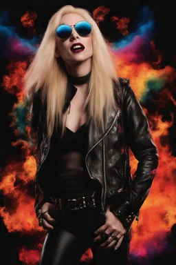 head and shoulders image, Hedwig and the angry inch - Cat-eye sunglasses - Motley Crue - gothic pale-skinned vampire, fire and multicolored electrified cosmic clouds, Professional quality Photograph by Hoy Tung lu- Multicolored lightning -a smiling, long, blonde hair, blue eyes, goth makeup, black leather biker's jacket, black leather pants, combat boots, black fingerless gloves, sitting on in the forest next to a fire,