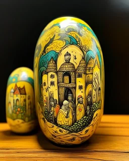 A pale ivory yellow district with a voodoo house in a thunderstorm designed in Matryoshka dolls painted by Vincent van Gogh