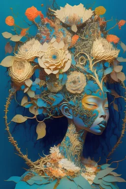 Surreal picture entitled "queen of the damned"; Ethereal woman wearing excruciatingly beautiful quilling made of objects from nature with flowering plants growing from the top her head", hyper-detailed, constructivist, stunning, dynamic, Victo Ngai, Michelangelo, Dali