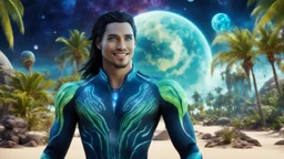 beautiful gorgeous young man na'vi with long hair, Avatar, blue skin, two small ears, green eyes, black hair, in cosmic suit, galactic ambiance, little pointy goatee , smiling, with spaceship and planets and palm trees and clear crystaline cosmic beach in background