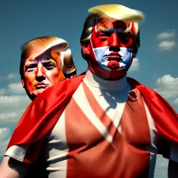 realistic image of donald trump as a mexican wrestling fighter posing outdoors, with mexican mask painted on the face, red and blue breeches, confederate flag cape, naked torso, retro style, 80s, vibrant color, highly detailed, sky background, concept art, unreal engine 5, god rays, ray tracing, RTX, lumen lighting, ultra detail, volumetric lighting, 3d, finely drawn, high definition, high resolution.