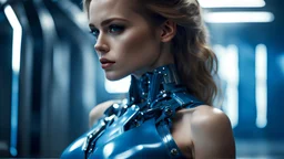 eine junge dame mit hübschen blauem kleid sieht aus wie terminator, close up, schöne hüfte, realistic, cinematic