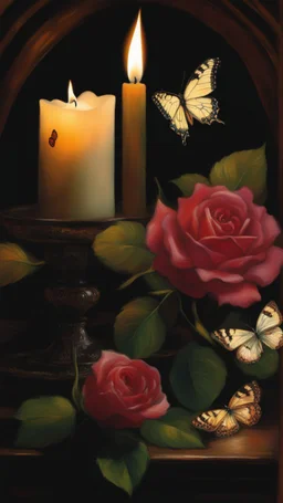 Claude monet painting style candles in the dark with rose and butterflie