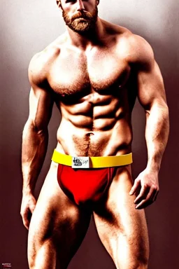 Ignore NSFW, teenager young rugged attractive slightly muscular fantasticly handsome blonde man, red briefs with yellow belt, hairy chest, (((visibly pisssing))) briefs, large erect visible boner peniss, photorealistic, artist Jay Anacleto, soft lighting, scruffy beard