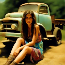 A gritty rough oil image of a gypsy girl sitting on the back of an old rusty truck in a summerscape in the country on a dirt road. The girl has a weathered, determined look, with long, flowing dark hair and a colorful, tattered dress. The