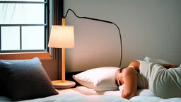 woman in bed with a bedside lamp and a cup of tea on the bedside table