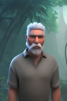 3D render of a cyberpunk tribal old man, gray hair and goatee, on a dark blue jungle background, digital art