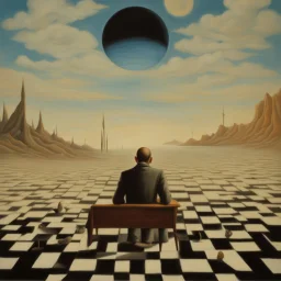 person alone in planet,cover art, surrealist painting called 'today I am thinking about time by dali and picasso and magritte and Breughel