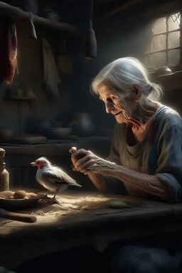 "A an old paints cracked dirty abandoned barn an old woman holding a chicken from the neck in one hand and holding a knife on the other hand on the table , , insanely detailed octane render trending on artstation, 8k artistic photography, photorealistic concept art, soft natural volumetric cinematic perfect light, chiaroscuro, award-winning photograph, masterpiece, oil on canvas, Raphael, Caravaggio, Greg Rutkowski, people, beksinski, Giger