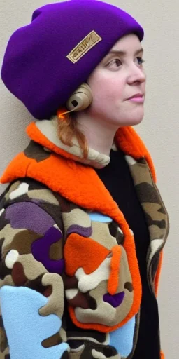 Brunette.thick thighs,thick calves,flat belly,curvy fell. big head. Mantle is sewed of upcycled Denim and sewed together of camouflage pieces. Pieces' color are orange, cream and purple. It is with big bright purple felt tippet and birght-colored-hood is merged with colorful beanie. Big colored headphones (gold rings!) is merged with small felt cap with small visor. Style: Haute Couture in 1950's Africa, N.Y.C fashion in 1996, inspired 2023 Paris