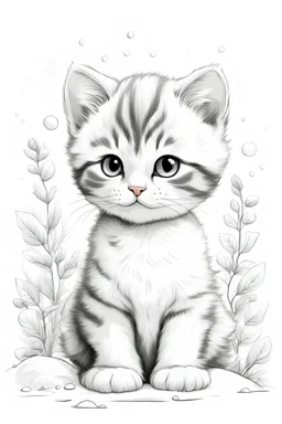 Outline art for cute baby cats, white background, sketch style, full landscape, snow, only use outline, clear line art, white background, no shadows and clear well outlined