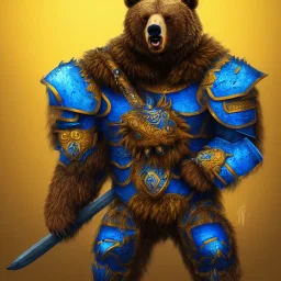 An angry bear warrior in blue and gold armor, background of Inka jungle, high detail, smooth, realistic, digital illustration, Artstation, artgerm,