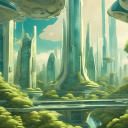 Vibrant science fiction cityscape with intricate details, bathed in sunlight with a clear blue sky. The modern architecture is sleek and clean, exuding a sharp, high definition appearance. Lush green parks provide a refreshing contrast to the futuristic urban landscape.