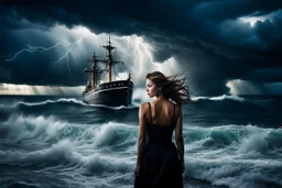 Compose a haunting and powerful image of a beautiful girl surrounded by her sadness in a surreal environment. Use dynamic lighting to create contrast and depth, illuminating her emotions and struggles. The sky above should be turbulent, with storm clouds brewing, reflecting the turmoil within her. In the background, depict a stormy ocean with a sinking ship, symbolizing loss and despair. Show a few people struggling for survival, adding a sense of urgency and chaos to the scene. Let the composit