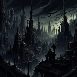 Dark eldritch spires cityscape