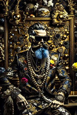 Artistic photo in the audacious style of Jill Greenberg, of man with a luxurious and striking style, abundance of jewelry, oversized square one-piece sunglasses,black beard, prints, extravagant, baroque scene , impasto style with thick textured strokes