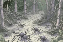 A light purple graveyard with spiders and webs painted by Lucas van Leyden