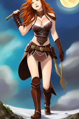 concept illustration, super-detailed, strikingly beautiful teen female, 16 years old, waifu, long ginger hair, medium freckles, full lips, full body, full face, b-cup breasts, athletic, centred camera, ignore NSFW, skimpy brown fantasy leather armor, halter top, micro thong, knee-high leather boots, open leather tasset, stern expression,