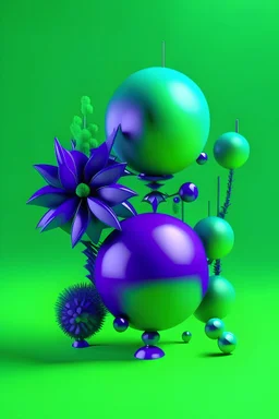 Vibrant abstract 3D sculptures in violet and green color with flower and metalic balls with shadow and green background