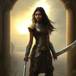 fantasy setting, insanely detailed, dark-skinned woman, indian, black wavy hair, warrior