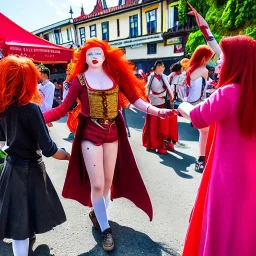 Three young teenagers with red hair, crowded busy street, stalls and carts with food and fruit, buildings made from wood and stone, festival, spellcasting, leather, form fitting,fantasy adventure, photorealistic, pristine, detailed faces, entertainers, dancing, singing, laughing, playing kid games, stealing, eating, bored, happy, excited, awestruck