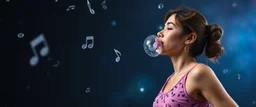 yoga mind bending bubble gum as a young woman floating transparent music notes in the weirder universe