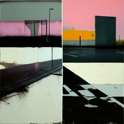 Minimal contemporary abstract oil paintings desolate 1960s carpark concrete fragments at dusk sunset. In the style of Justin Mortimer and Francis Bacon. road markings.