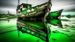A long exposure shot of a shipwreck in the water, the water is smooth and reflective, the sky is overcast, the boat is old and decaying, with a wooden frame and a green hull, the boat is partially submerged, with only the top part visible, the reflection of the boat is visible in the water, the shot is taken from a low angle, the composition is simple and minimalist, the color palette is muted and desaturated, with shades of gray, green, and blue, the lighting is soft and diffused, creating a se
