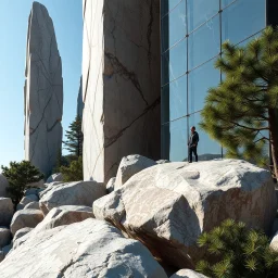 Stupenda immagine di un paesaggio naturale con marmi imponenti accanto a strutture artificiali verticali. Queste strutture sembrano pareti vertiginose riflettenti, come colonne di vetro, che creano un contrasto tra il naturale e l'artificiale. Brutalista. Persona osserva. Venature e solchi. La scena trasmette un senso di sospensione e dialogo tra elementi organici. Dettagli degli delle rocce molto accentuati. Pini marittimi