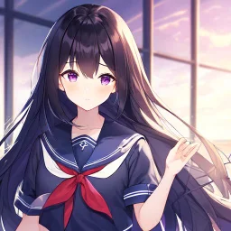 Clear focus, High resolution, Black long hair, fluffy hair, purple eyes, wearing a sailor uniform, rough line