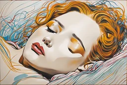 create a figurative, gestural, abstract expressionist painting of a sleeping woman with highly detailed facial features in the style of Sigmar Polke